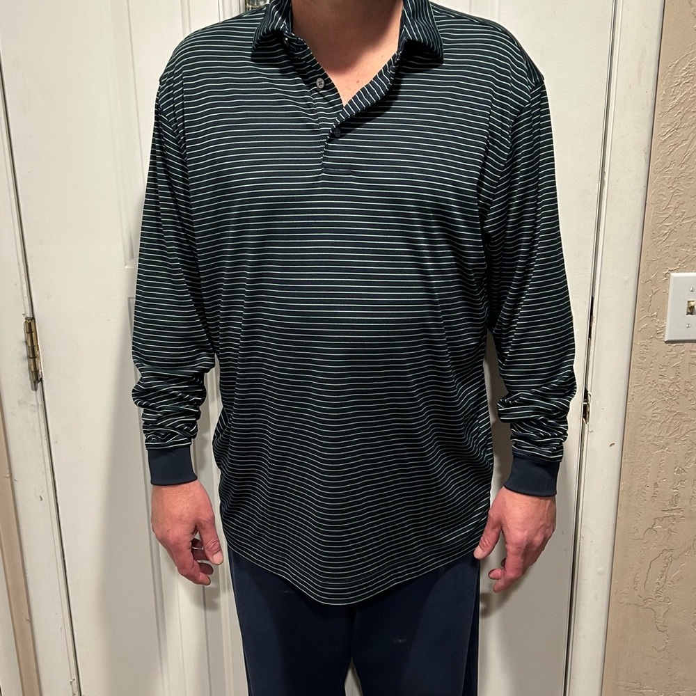 Men’s Tall XL FOOTJOY shirt, long sleeve, navy blue w/ greenish blue stripes